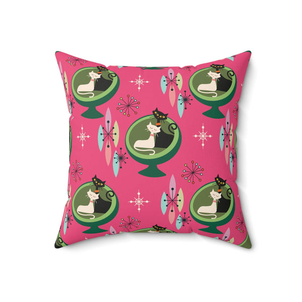 Retro 50s Atomic Cat Couple in Ball Chair MCM Pink & Green Pillow