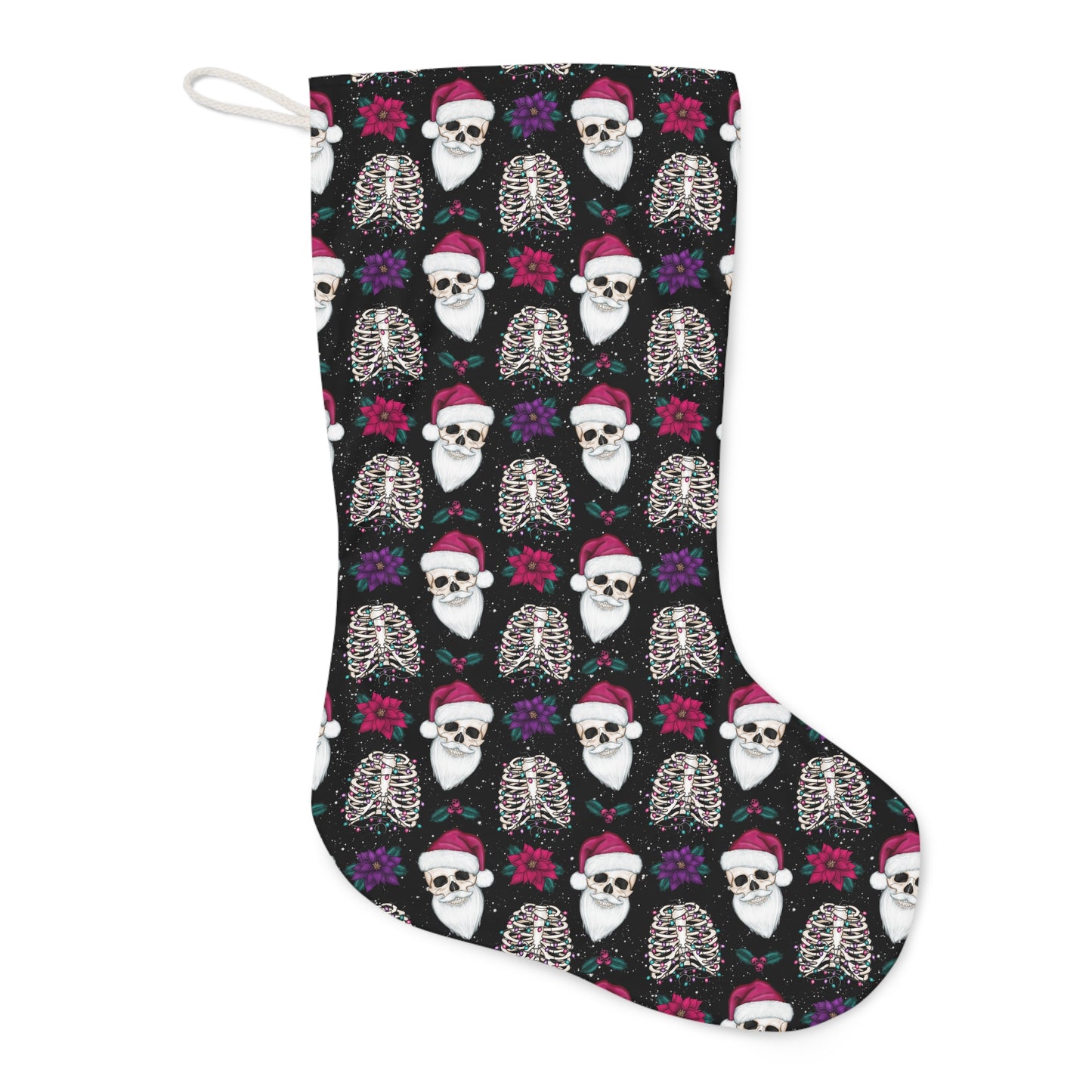 Skull Santa Goth Christmas Stocking, Creepy Scary Black Creepmas Holiday Decor