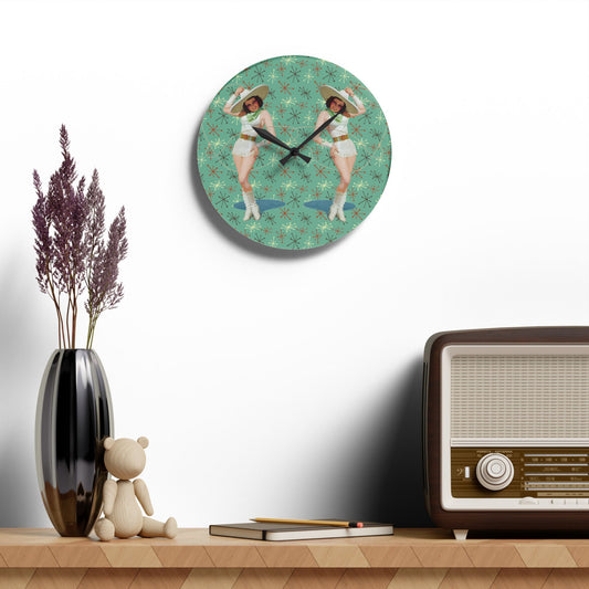 Retro Pin Up Girls Double Trouble Cowgirls Mid Century Mod Acrylic Wall Clock