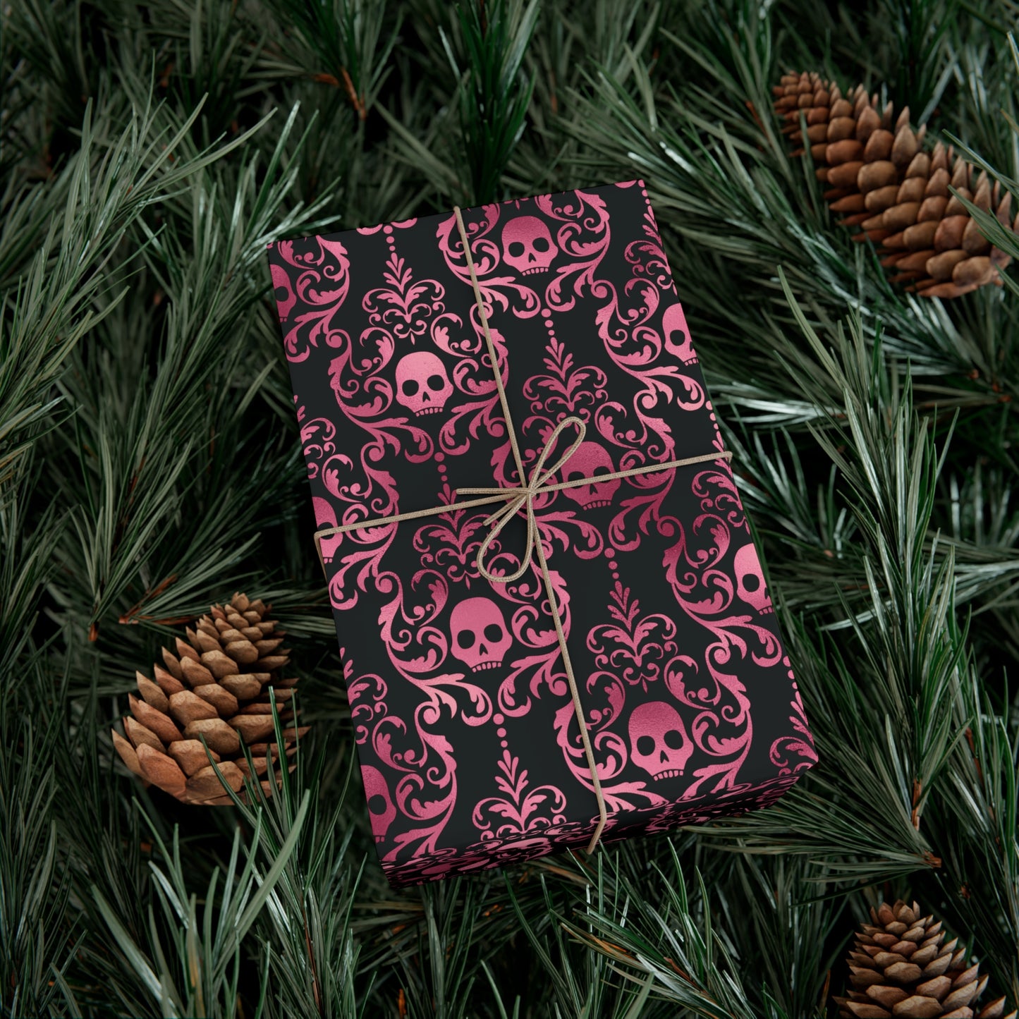 Pink Damask Skulls, Victorian Goth, Dark Academia, Goth Christmas & Creepmas Glam Black Eco-Friendly Gift Wrap Paper