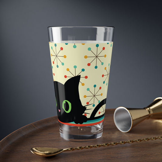 Retro 50s Atomic Black Cat and Starbursts Mid Century Mod Multicolor Pint Glass