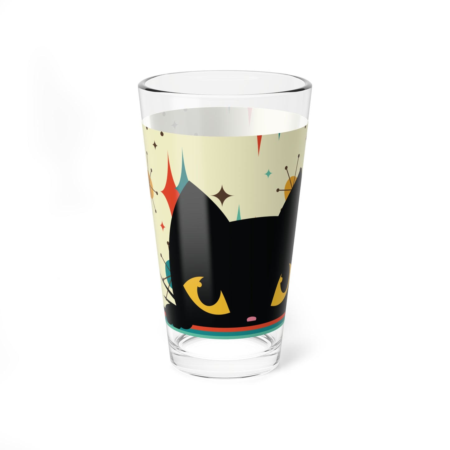 Retro 50s Atomic Black Cat, Diamonds and Bursts Mid Century Mod Multicolor Pint Glass