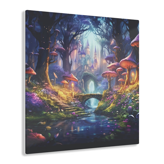 Enchanted Forest Fairytale Castle, Whimsical Mushroom Fantasy Colorful Acrylic Print