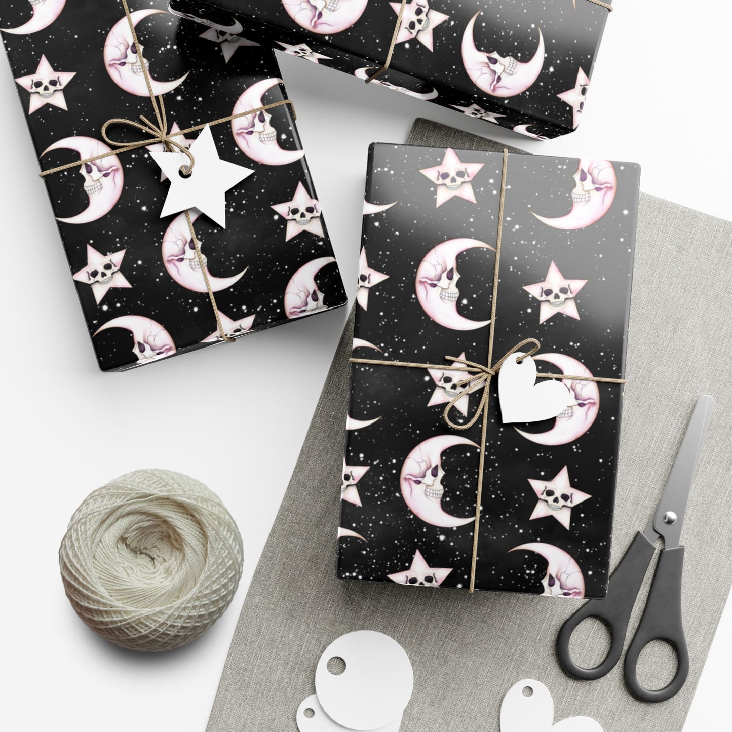 Goth Christmas Celestial Moon & Stars, Whimsical Kawaii Creepmas Black Eco-Friendly Gift Wrap