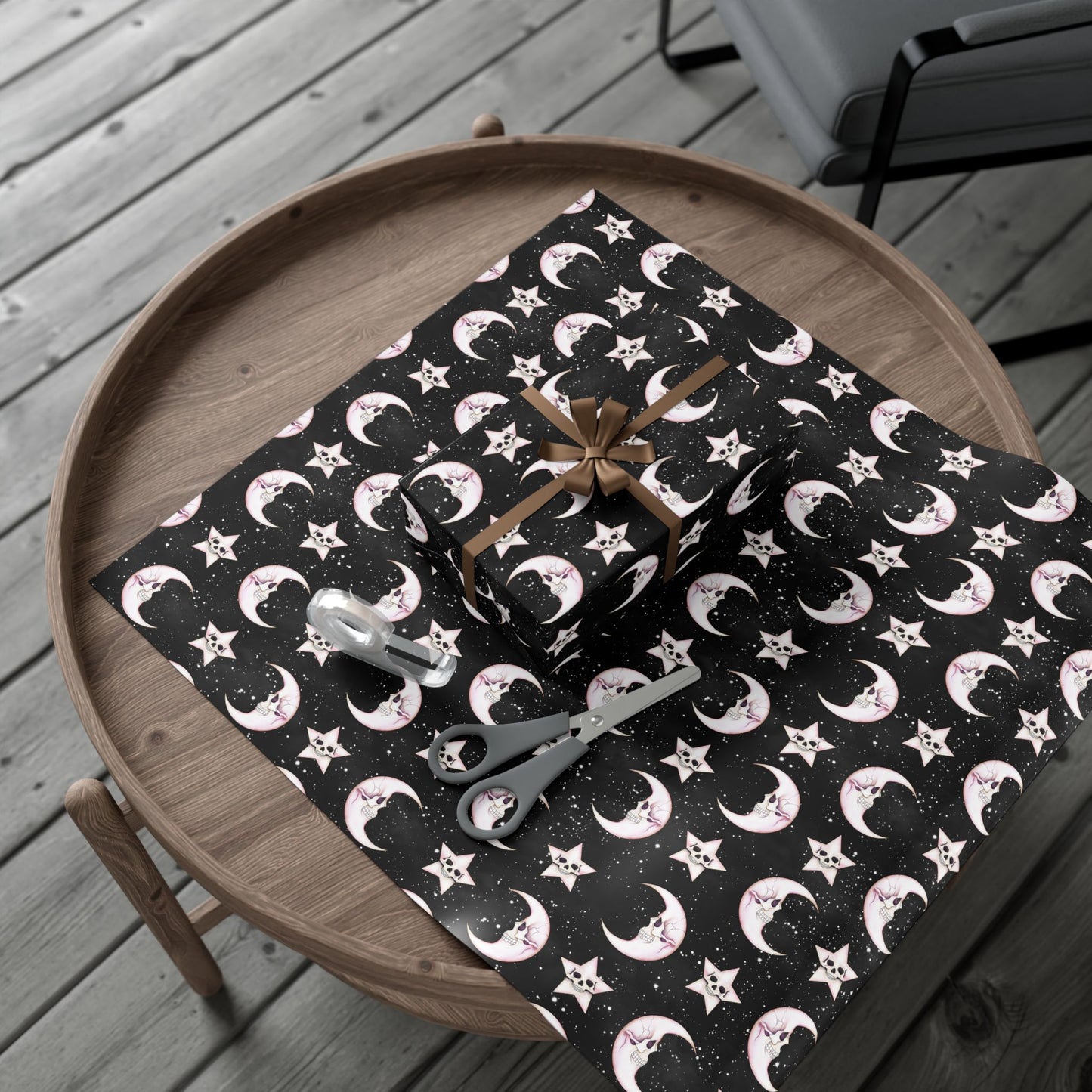 Goth Christmas Celestial Moon & Stars, Whimsical Kawaii Creepmas Black Eco-Friendly Gift Wrap
