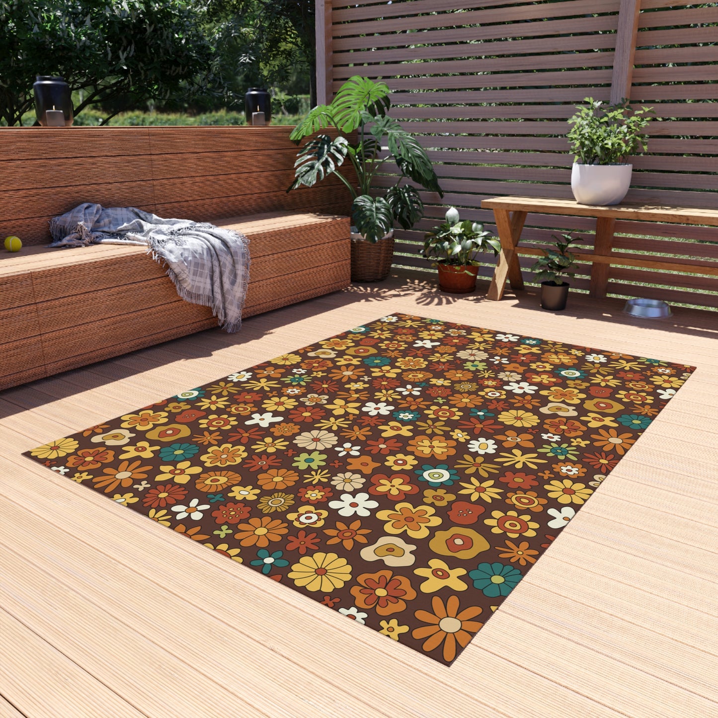 Retro 60s 70s Groovy Floral Mid Century Modern Brown Boho Anti-Slip Indoor/Outdoor Rug