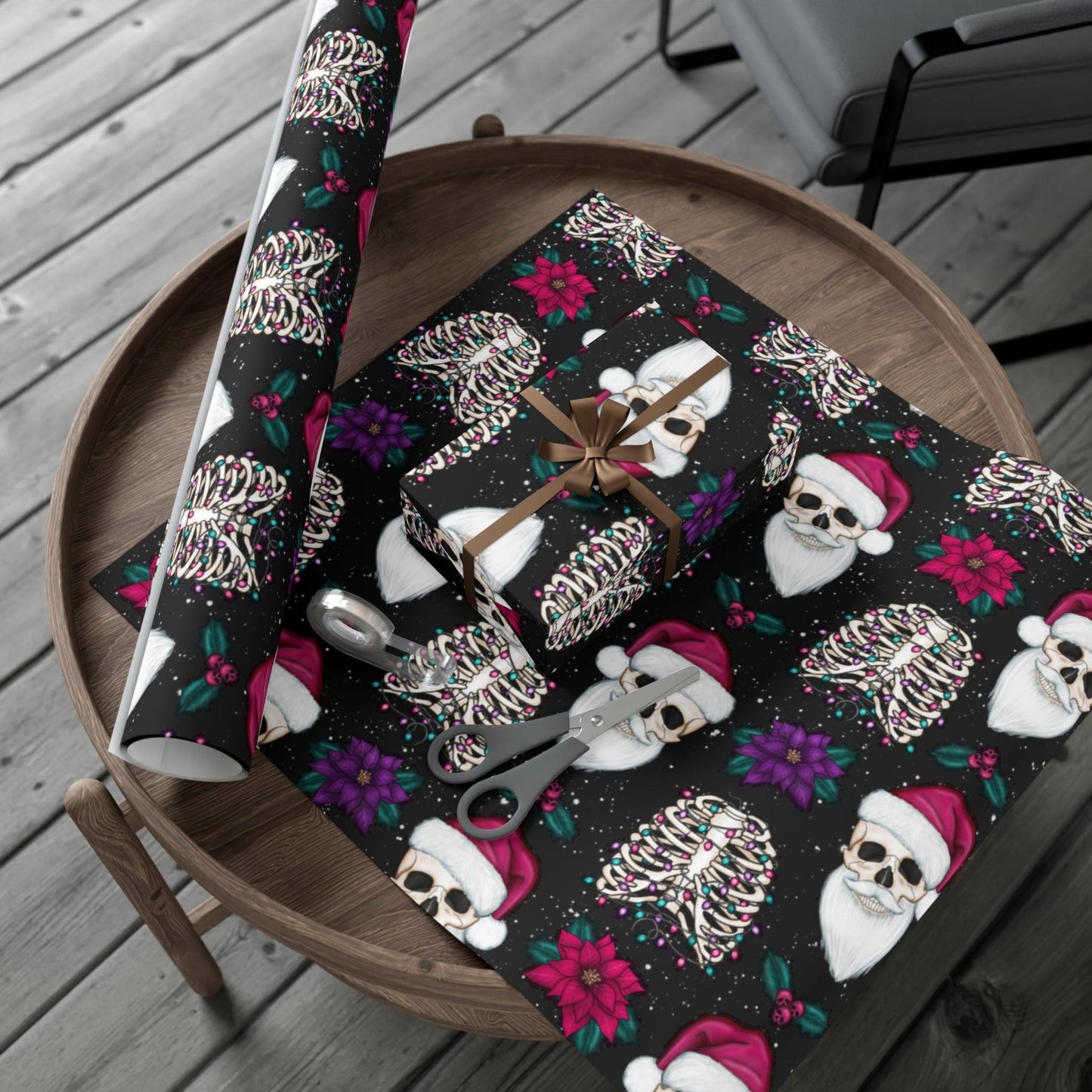 Santa Skull Goth Christmas Eco-Friendly Black Wrapping Paper, Kitschy Creepmas Whimsigoth | lovevisionkarma.com