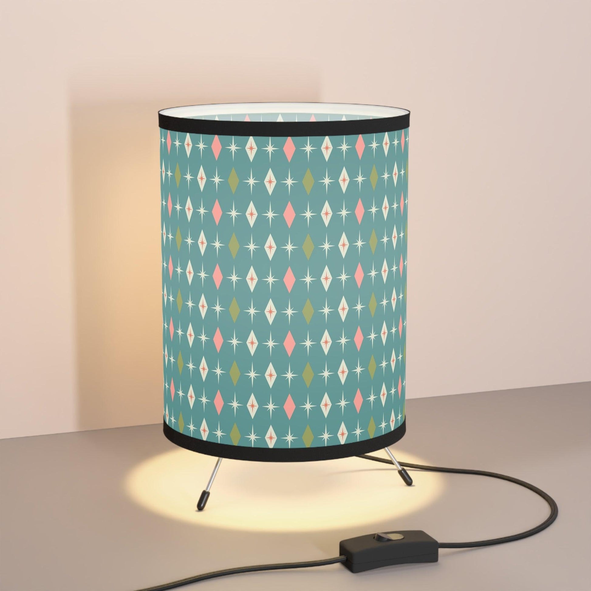 Retro 50s Atomic Burst and Diamonds Teal and Pink Tabletop Tripod Lamp | lovevisionkarma.com