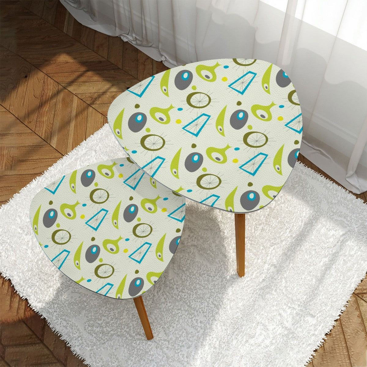 Retro 50s Atomic Age Abstract Alien & Starburst Mid Century Mod Green & Blue Nesting Accent Tables