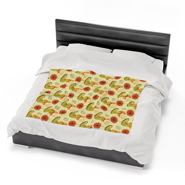 Retro Atomic Boomerangs & Leaves MCM Orange, Green & Yellow Lightweight Velveteen Blanket