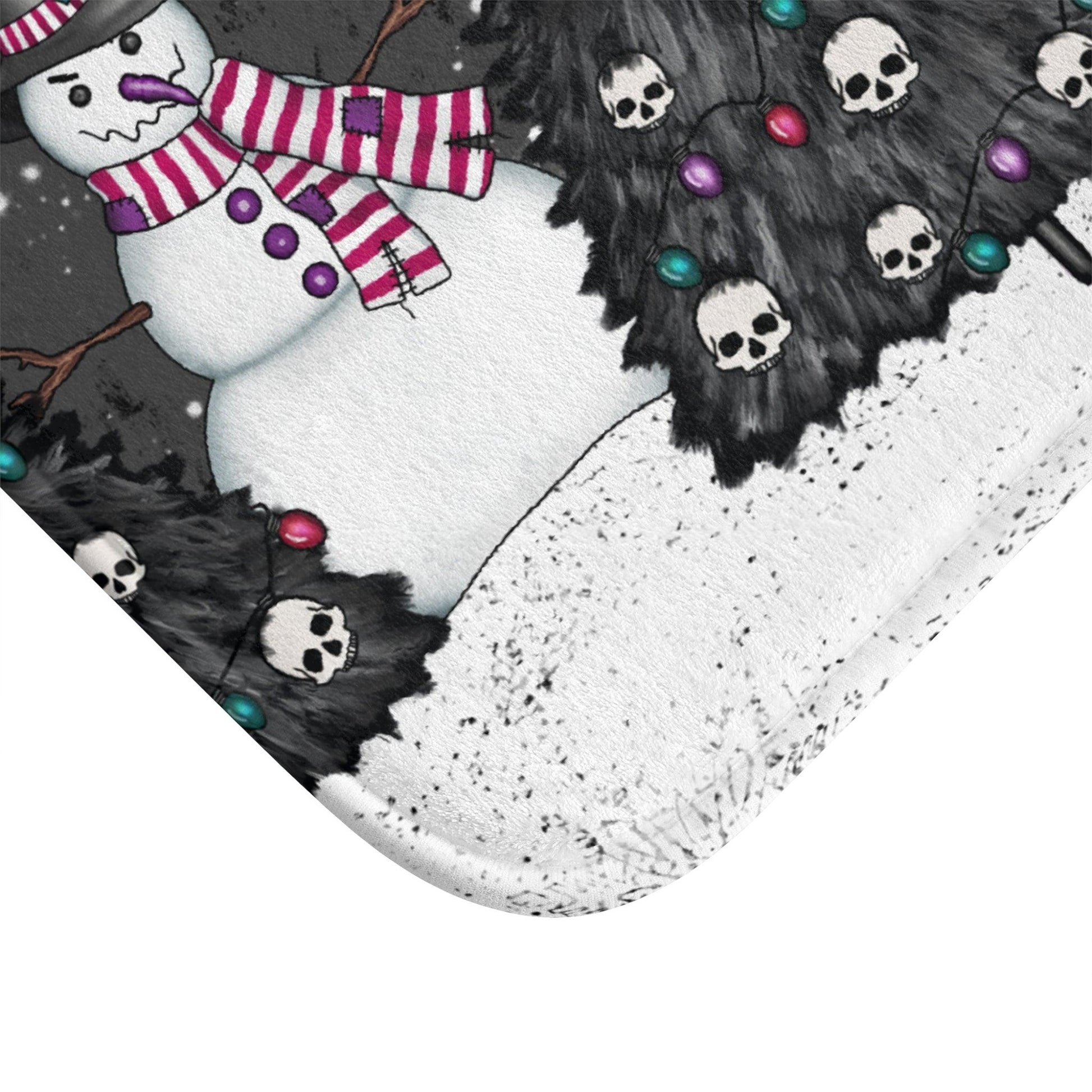 Creepy Snowmen Goth Christmas Tree Farm, Black Holiday Bath Mat | lovevisionkarma.com