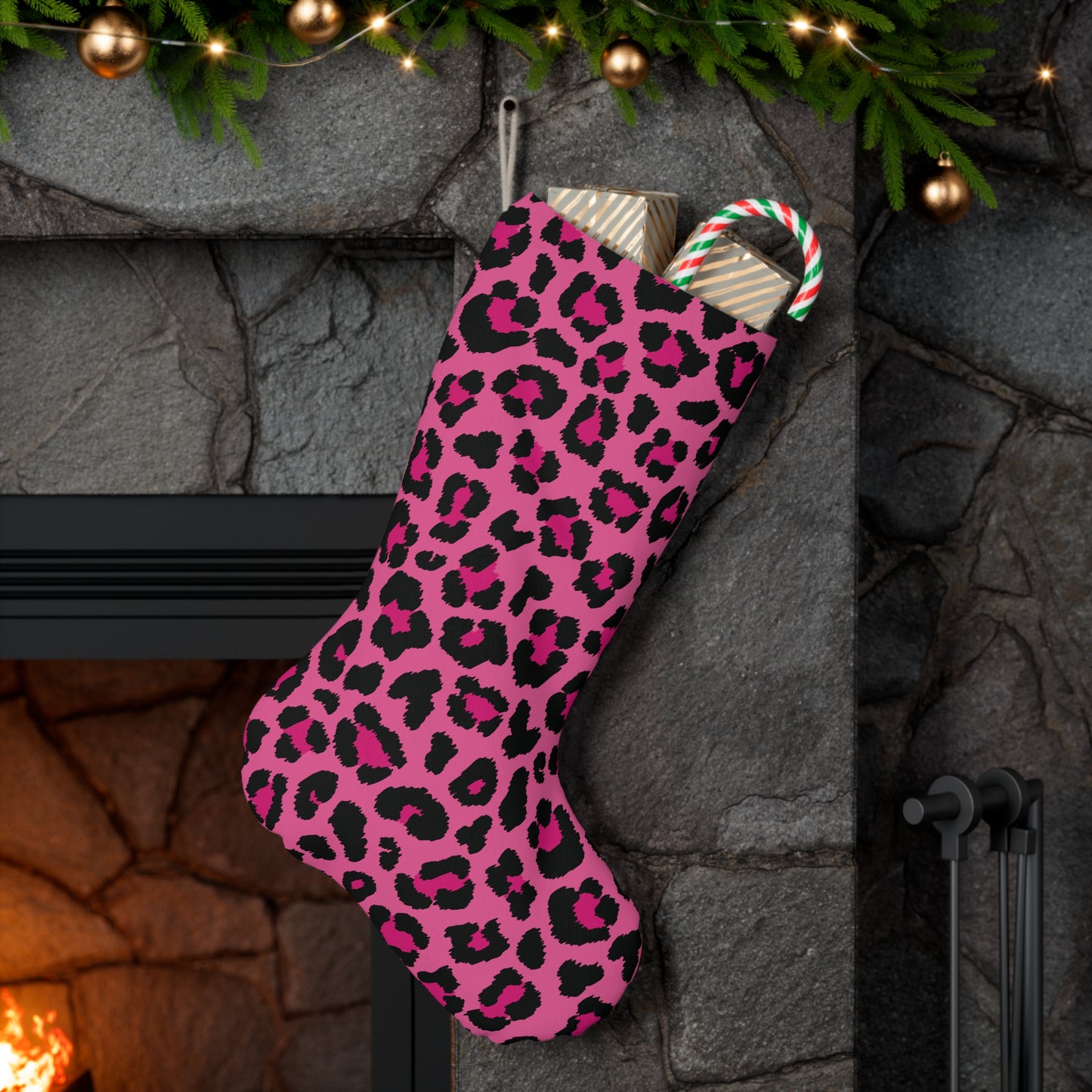 Pink Leopard Cheetah Spots Animal Print Christmas Stocking