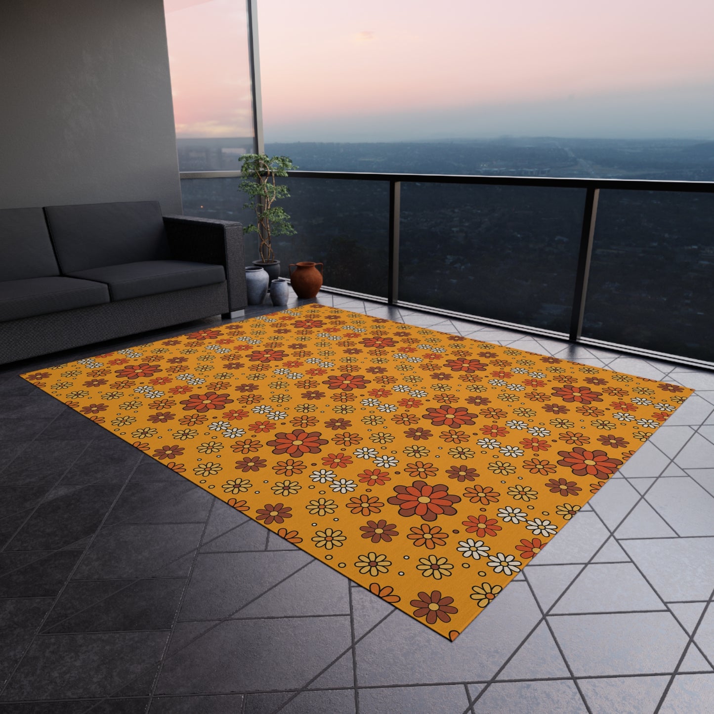 Retro 60s 70s Groovy Mod Daisy, Floral Mid Century Orange & Brown Anti-Slip Indoor/Outdoor Accent Rug