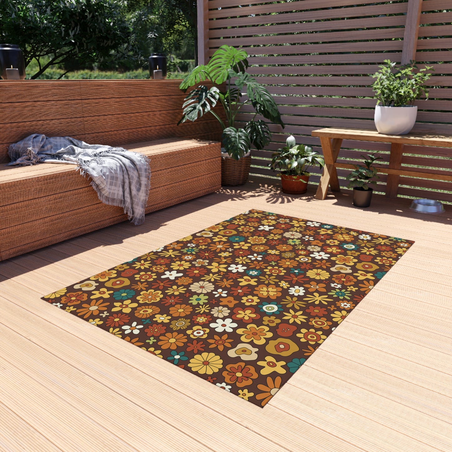 Retro 60s 70s Groovy Floral Mid Century Modern Brown Boho Anti-Slip Indoor/Outdoor Rug