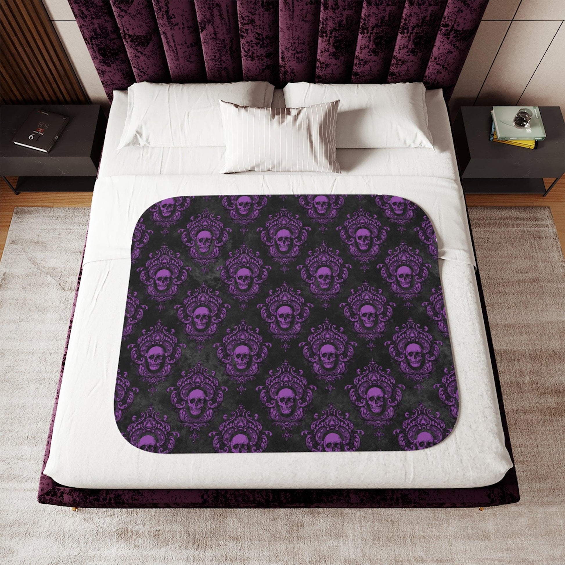 Gothic Purple Skull with Ornate Frame, Purple and Black Glam Goth Sherpa Blanket | lovevisionkarma.com