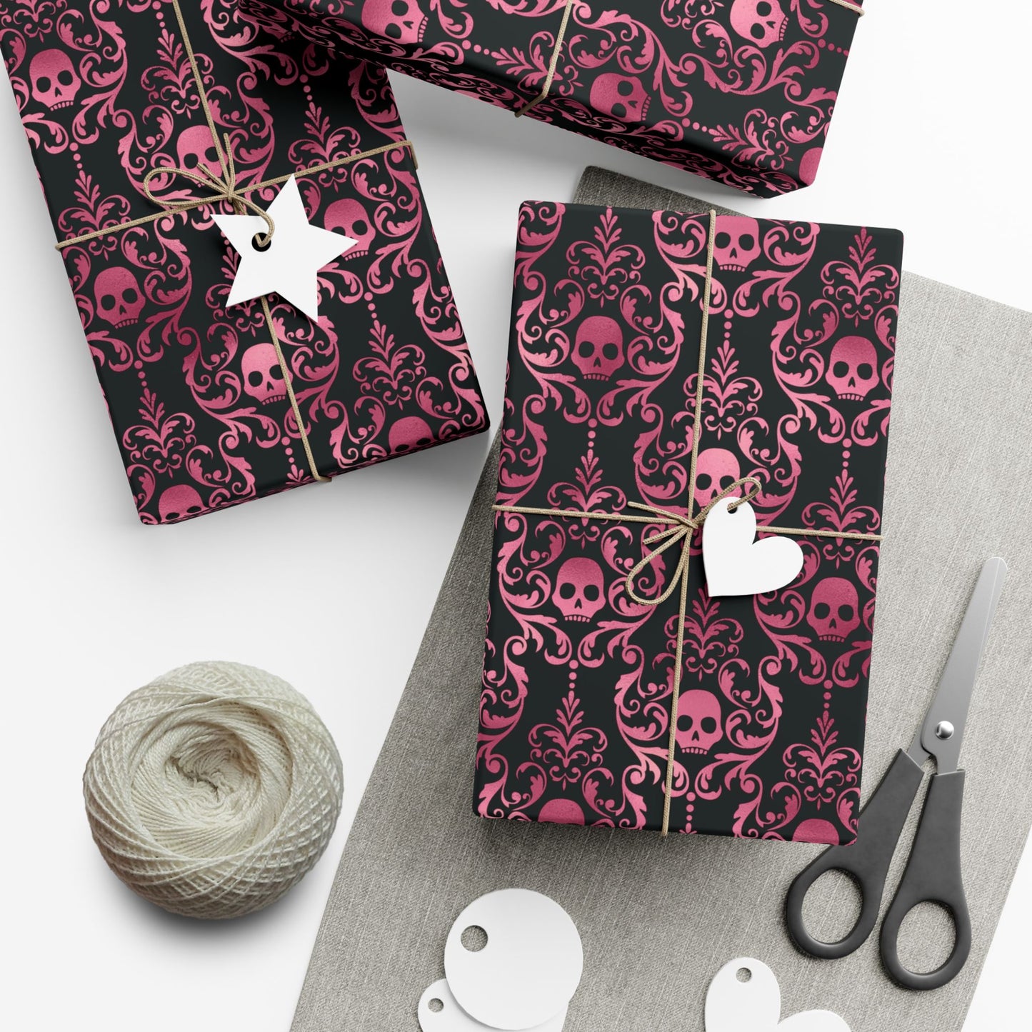 Pink Damask Skulls, Victorian Goth, Dark Academia, Goth Christmas & Creepmas Glam Black Eco-Friendly Gift Wrap Paper