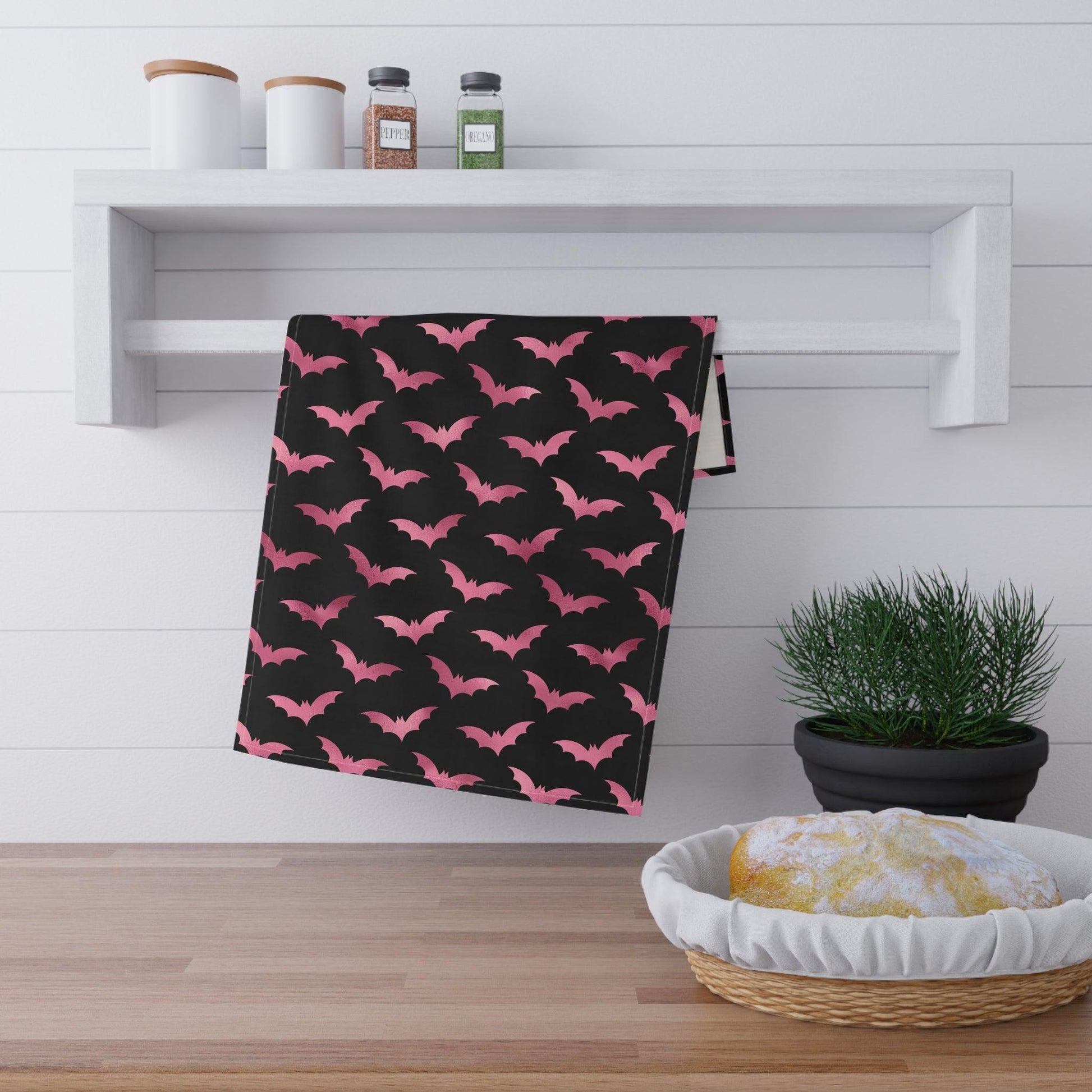 Pink Bats Spooky Halloween Glam Goth Black Kitchen Tea Towel | lovevisionkarma.com