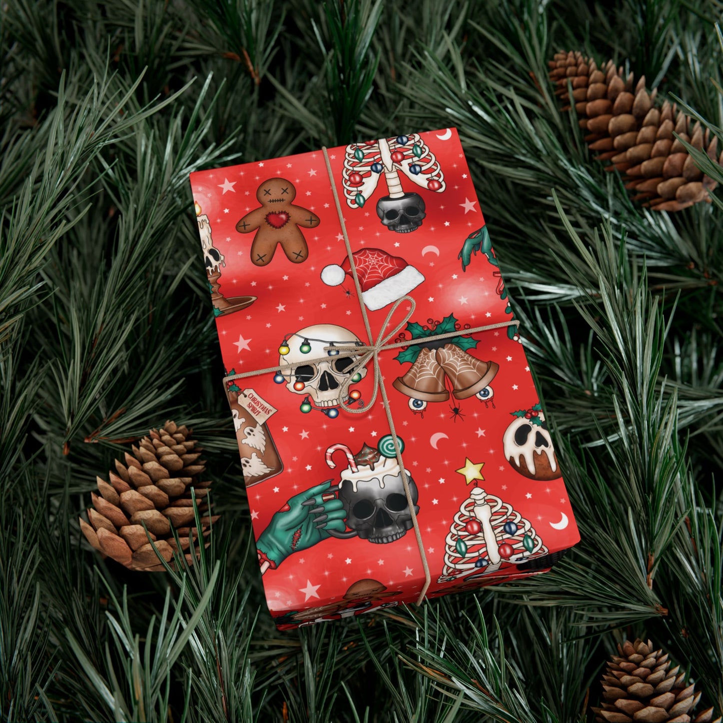 Goth Christmas Kitsch Skulls, Cats & Zombie Hands Red Eco-Friendly Gift Wrap Paper