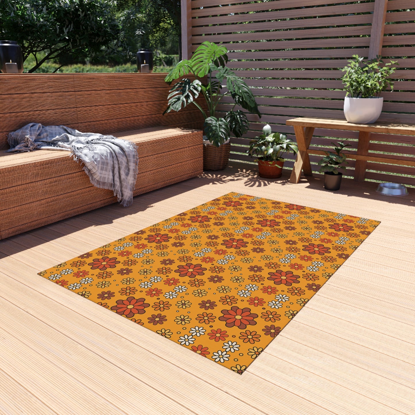 Retro 60s 70s Groovy Mod Daisy, Floral Mid Century Orange & Brown Anti-Slip Indoor/Outdoor Accent Rug