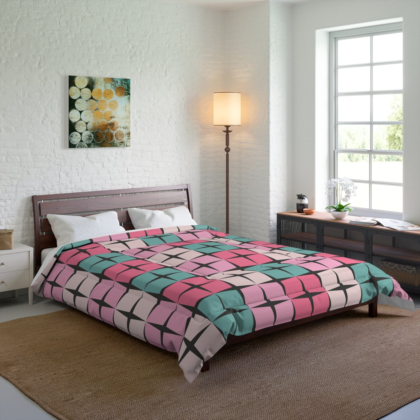 Palm Springs Bedding Retro Inspired 50s 60s Atomic Star Mid Century Mod Pink & Turquoise Blue Comforter