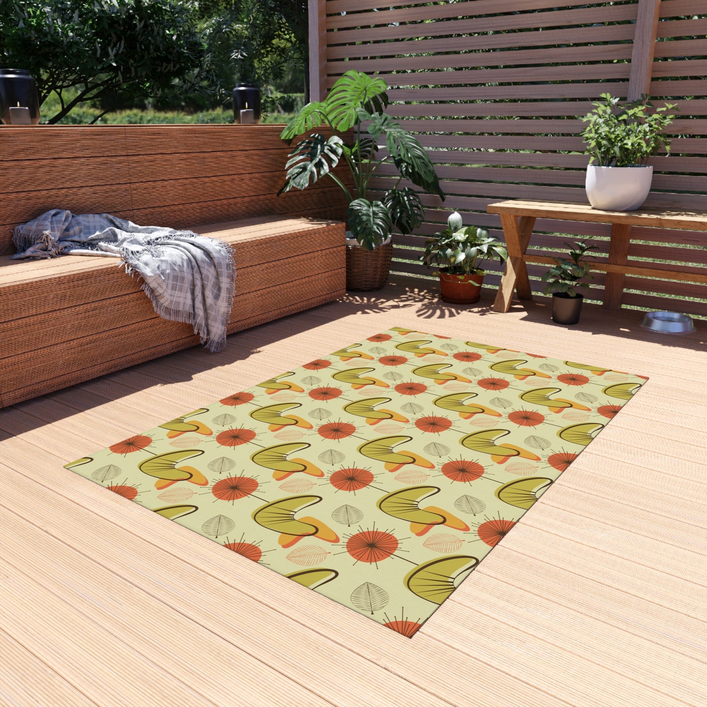 Retro 60s 70s Atomic Boomerangs & Leaves MCM Orange, Green & Yellow Anti-Slip Indoor/Outdoor Rug