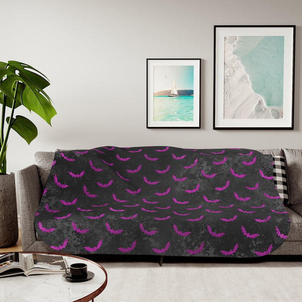 Purple Bats, Distressed Black Halloween Sherpa Blanket