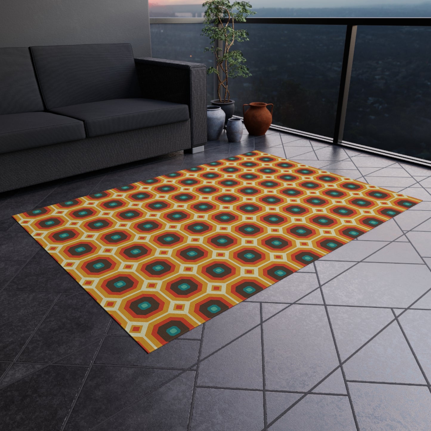 Retro 60s 70s Funky Mod Square Mid Century Geo Brown & Orange Anti-Slip Indoor/Outdoor Accent Rug