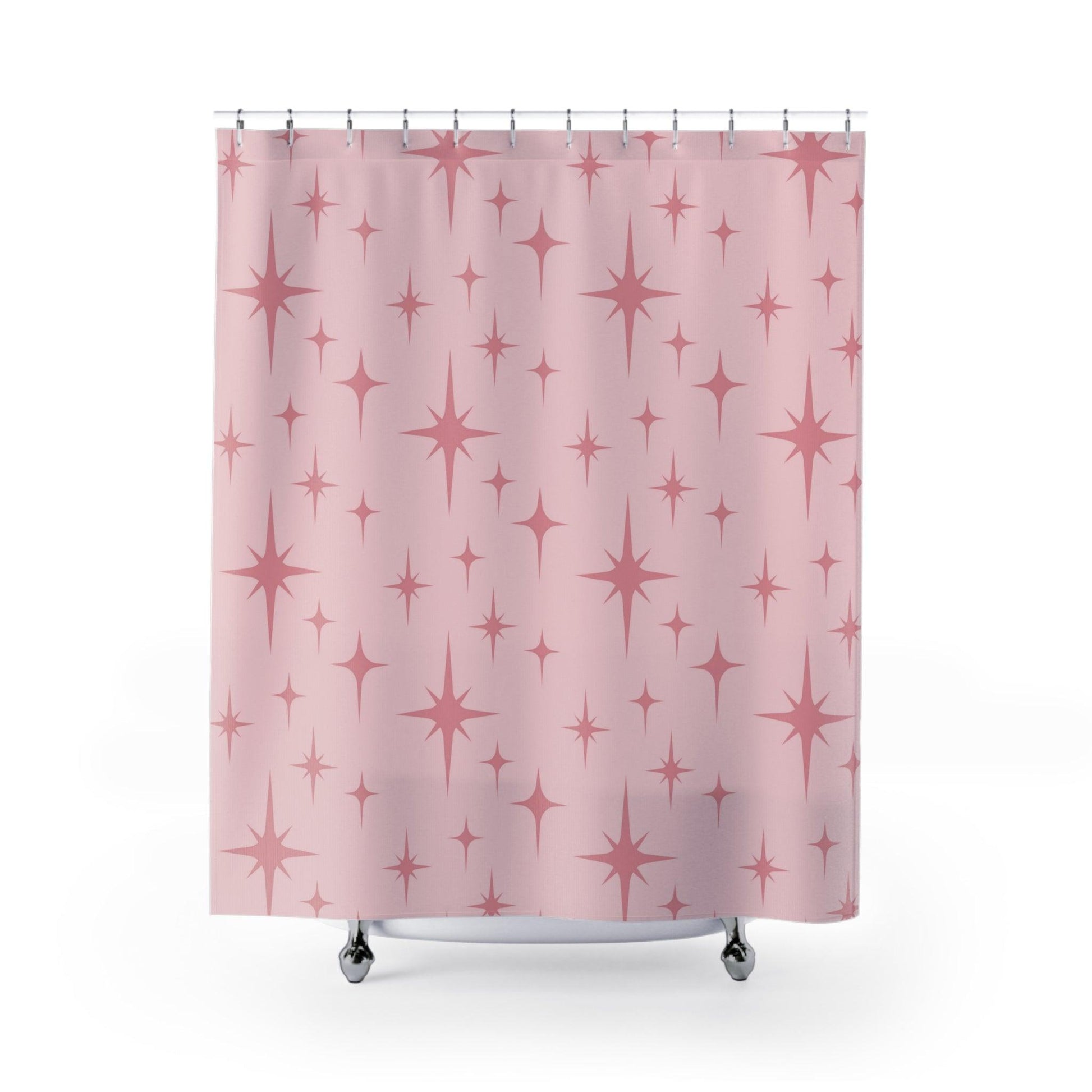 Retro 50s Pink Atomic Starburst Mid Century Modern Shower Curtain | lovevisionkarma.com