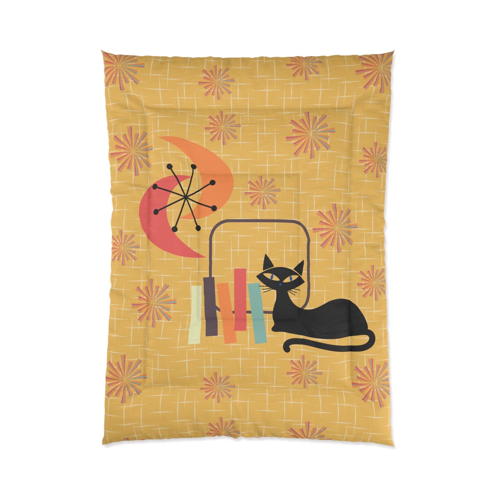 Atomic Cat Mid Century Mod Starburst Retro Yellow Comforter | lovevisionkarma.com