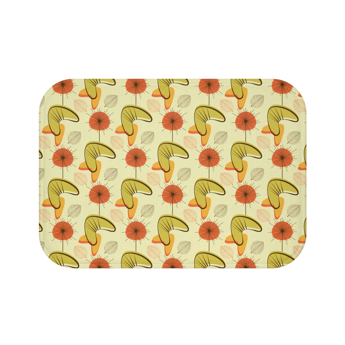 Retro Atomic Boomerangs & Leaves MCM Orange, Green & Yellow Bath Mat | lovevisionkarma.com