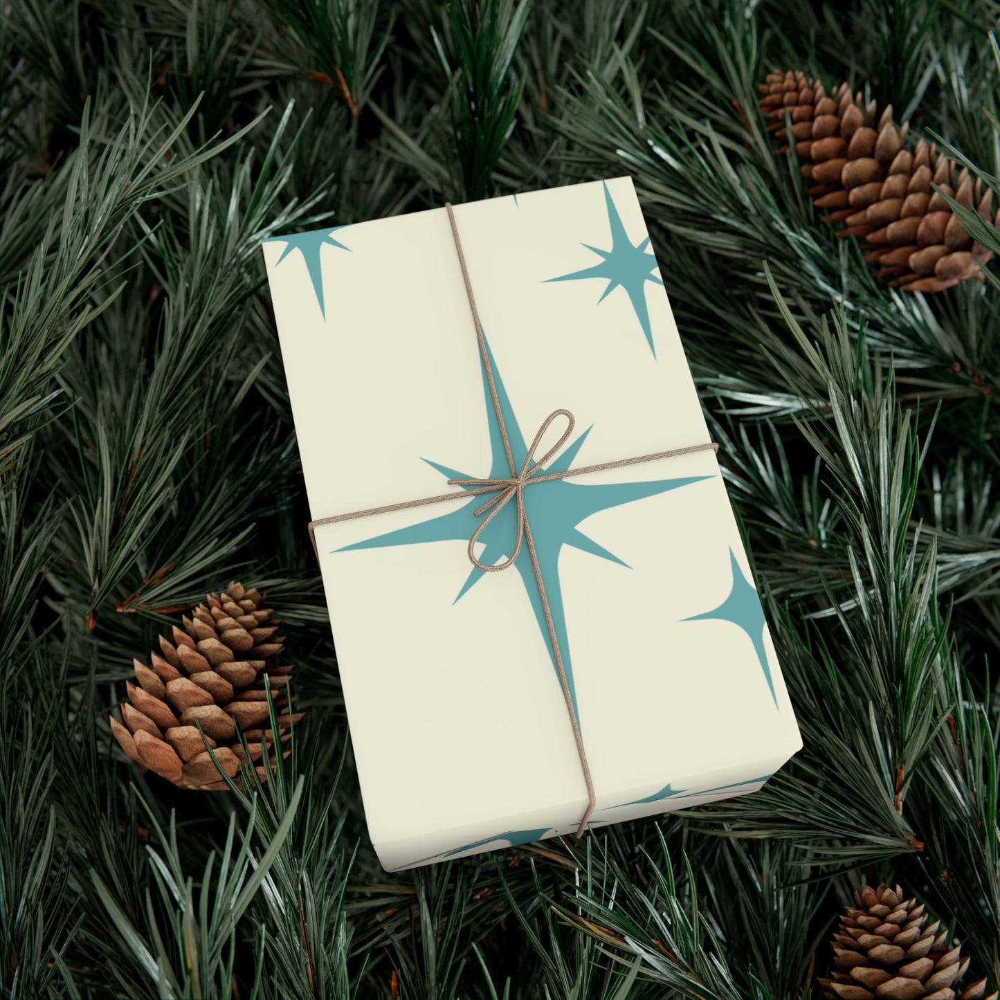 Large Starburst Version of Retro Atomic Starburst MCM Off-White & Blue Gift Wrapping Paper