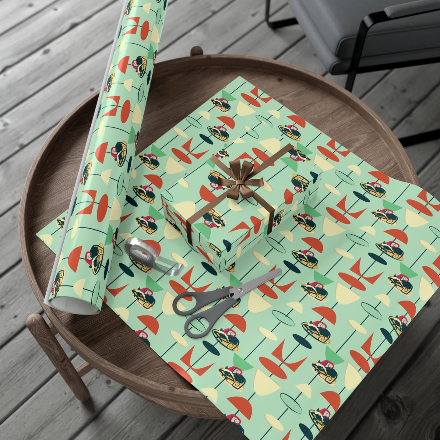 Retro 50's Atomic Cat Christmas Kitschy Mid Century Modern Green Eco-Friendly Wrapping Paper