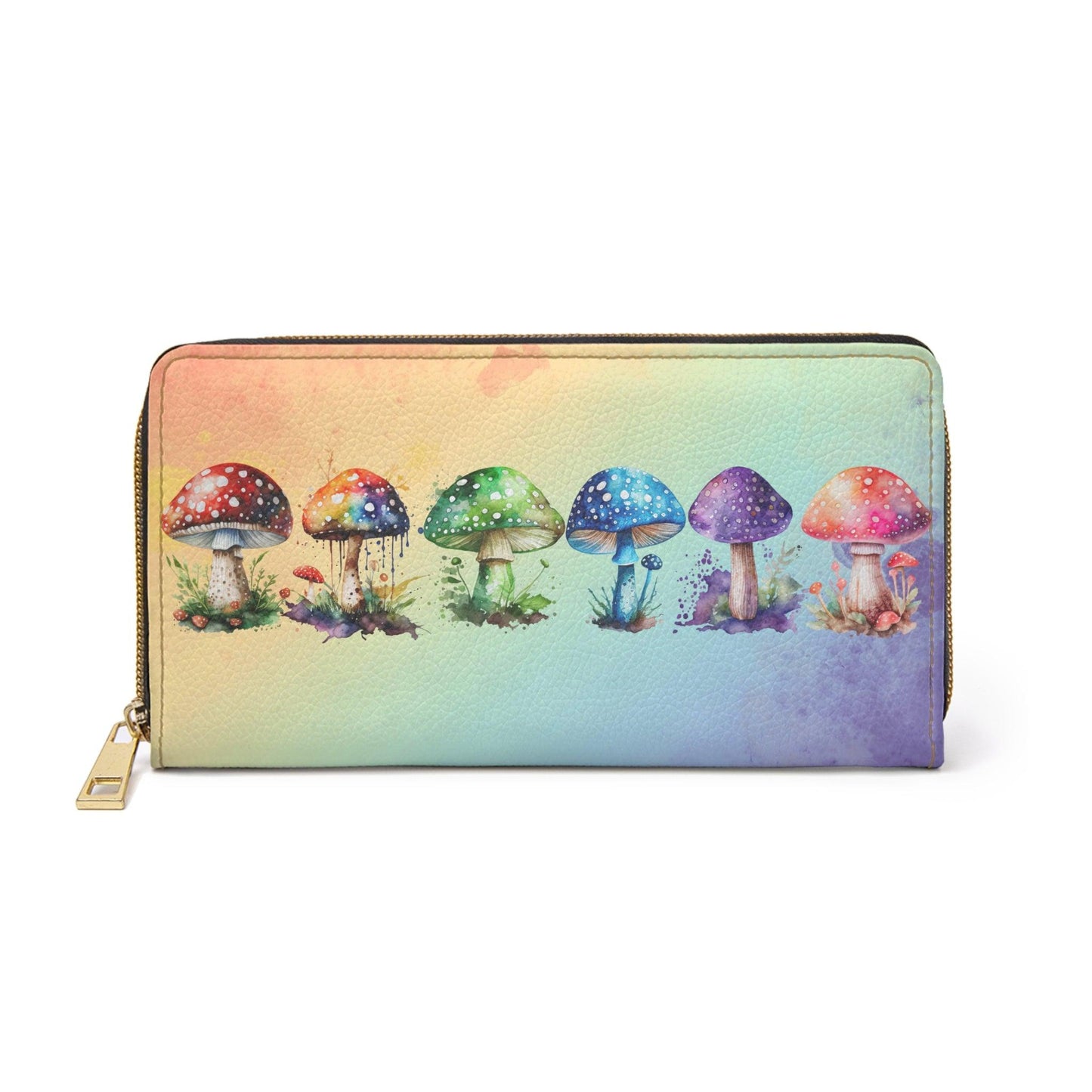 Rainbow Mushrooms Colorful Watercolor Multicolor Zipper Wallet | lovevisionkarma.com