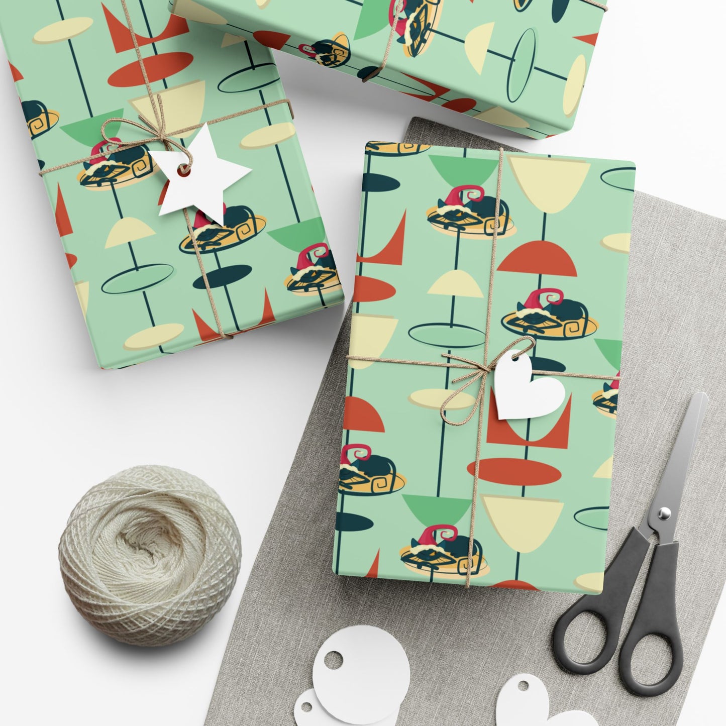 Retro 50's Atomic Cat Christmas Kitschy Mid Century Modern Green Eco-Friendly Wrapping Paper
