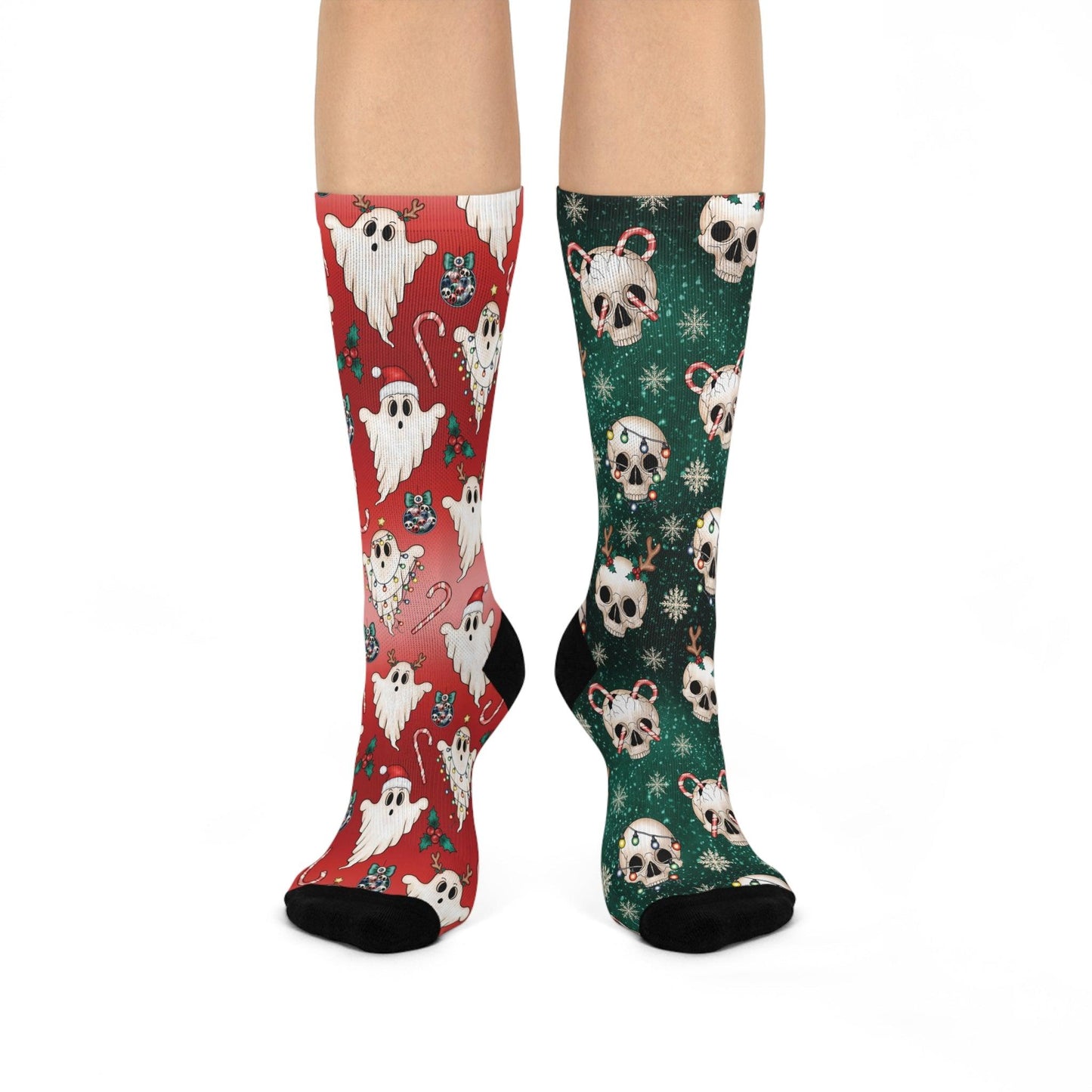 Christmas Ghosts and Skulls Mismatched Gothmas Red and Green Creepmas Cushioned Crew Socks | lovevisionkarma.com