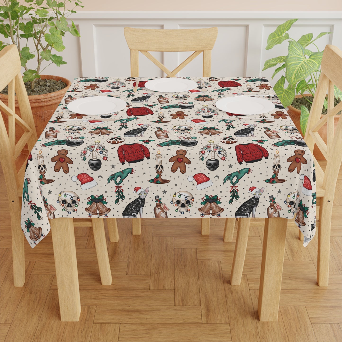 Kitschy Kawaii Goth Christmas, Creepy Cute Whimsigoth Creepmas Multicolor Tablecloth