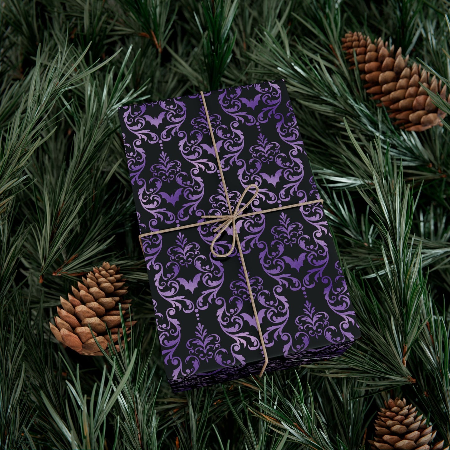 Purple Damask Bats, Victorian Goth Inspired, Dark Academia Goth Christmas & Creepmas Glam Goth Black Gift Wrap Paper