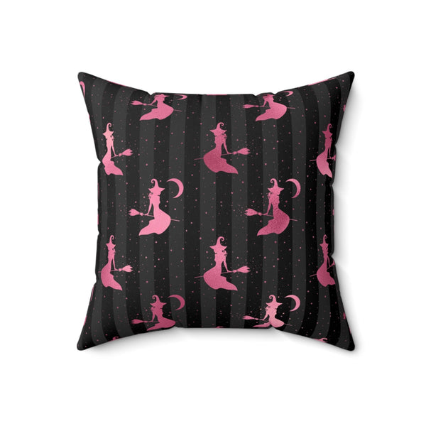 Flying Witch Glam Goth Halloween Pink & Black Throw Pillow