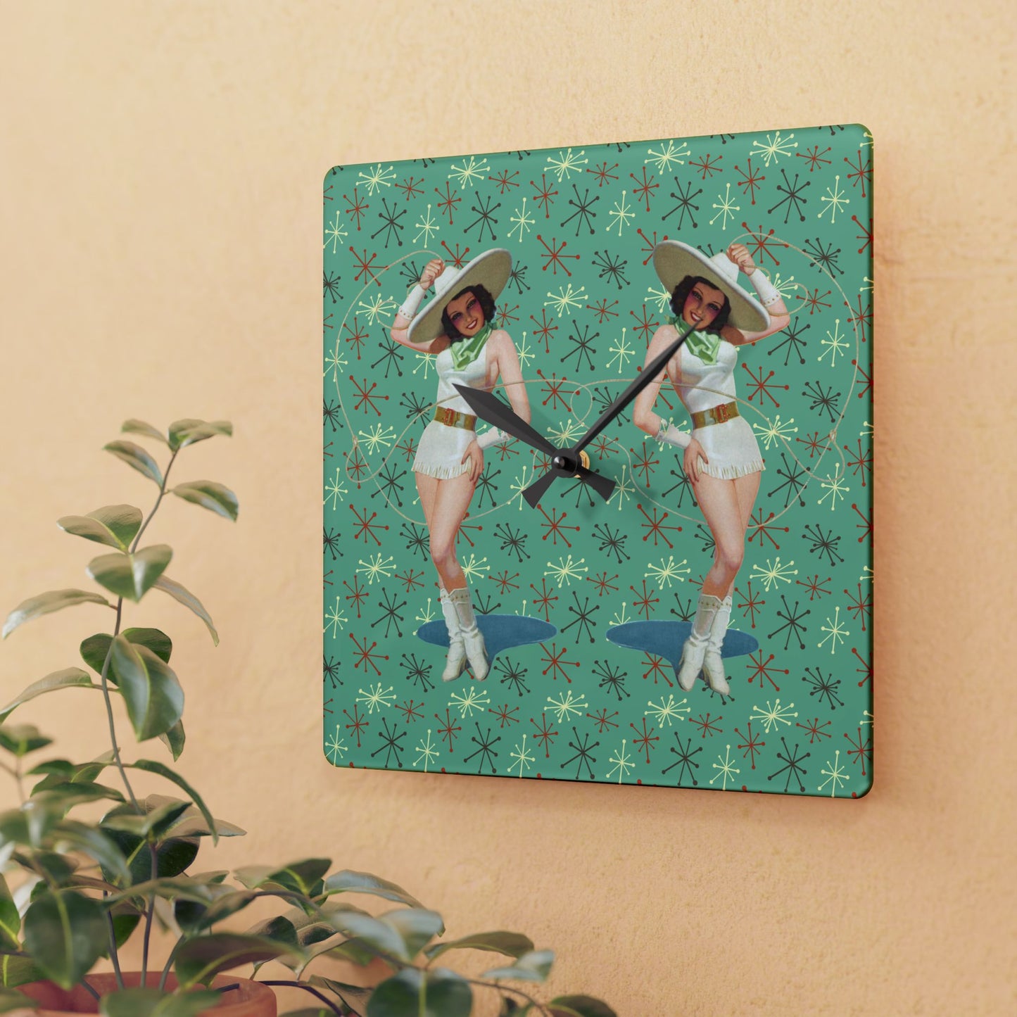 Retro Pin Up Girls Double Trouble Cowgirls Mid Century Mod Acrylic Wall Clock