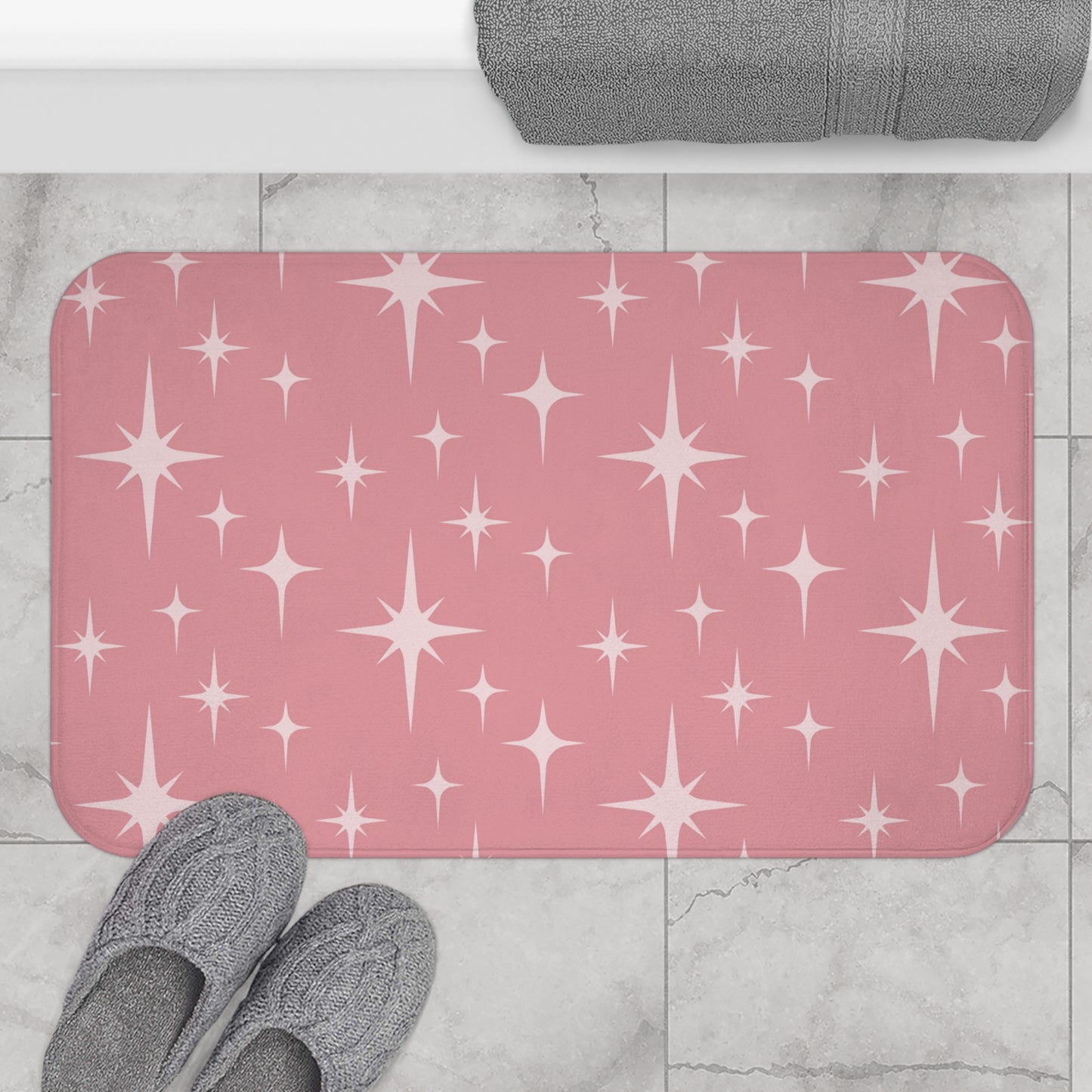 Retro 50s Atomic Starburst Pink Mid Century Modern Bath Mat