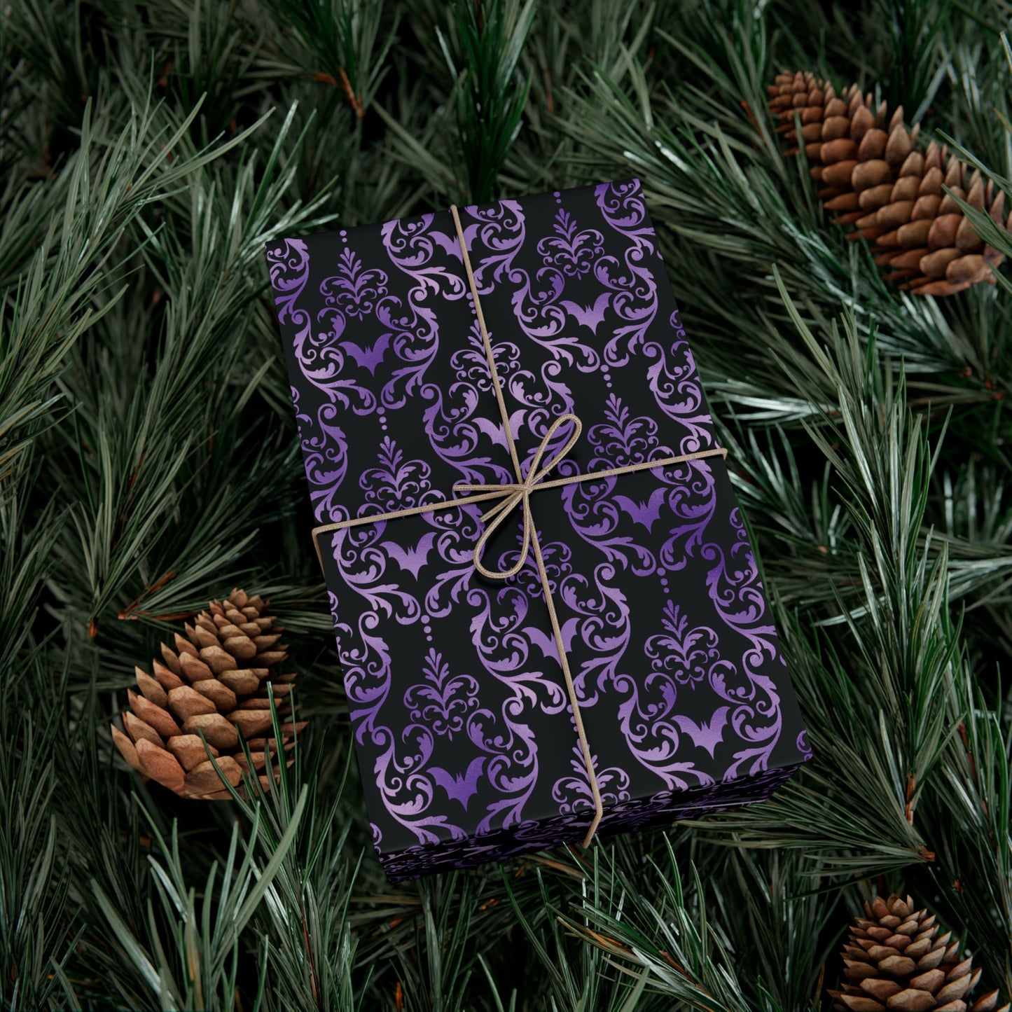 Purple Damask Bats, Victorian Goth Inspired, Dark Academia Goth Christmas & Creepmas Glam Goth Black Gift Wrap Paper