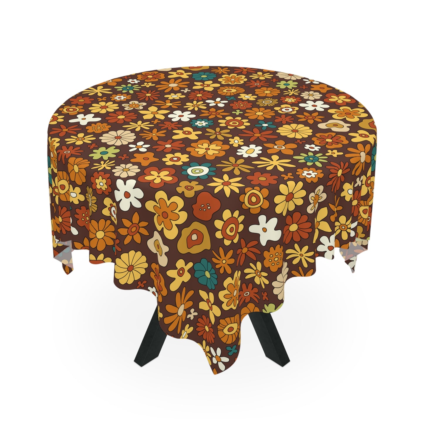 Retro 60s 70s Groovy Floral Mid Century Modern Brown Tablecloth