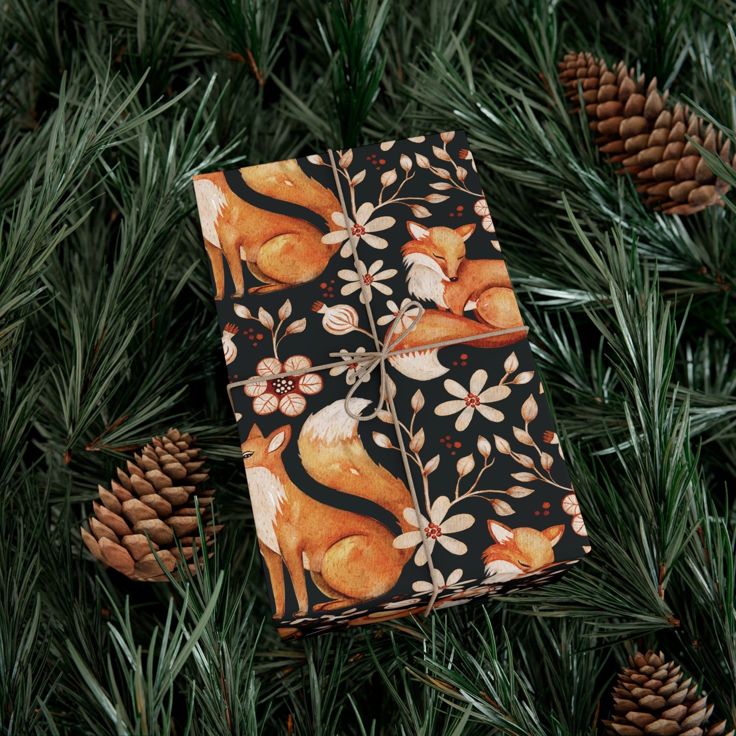 Enchanted Woodland Fox, Floral Dark Cottagecore Watercolor Style, Black Eco-Friendly Gift Wrap