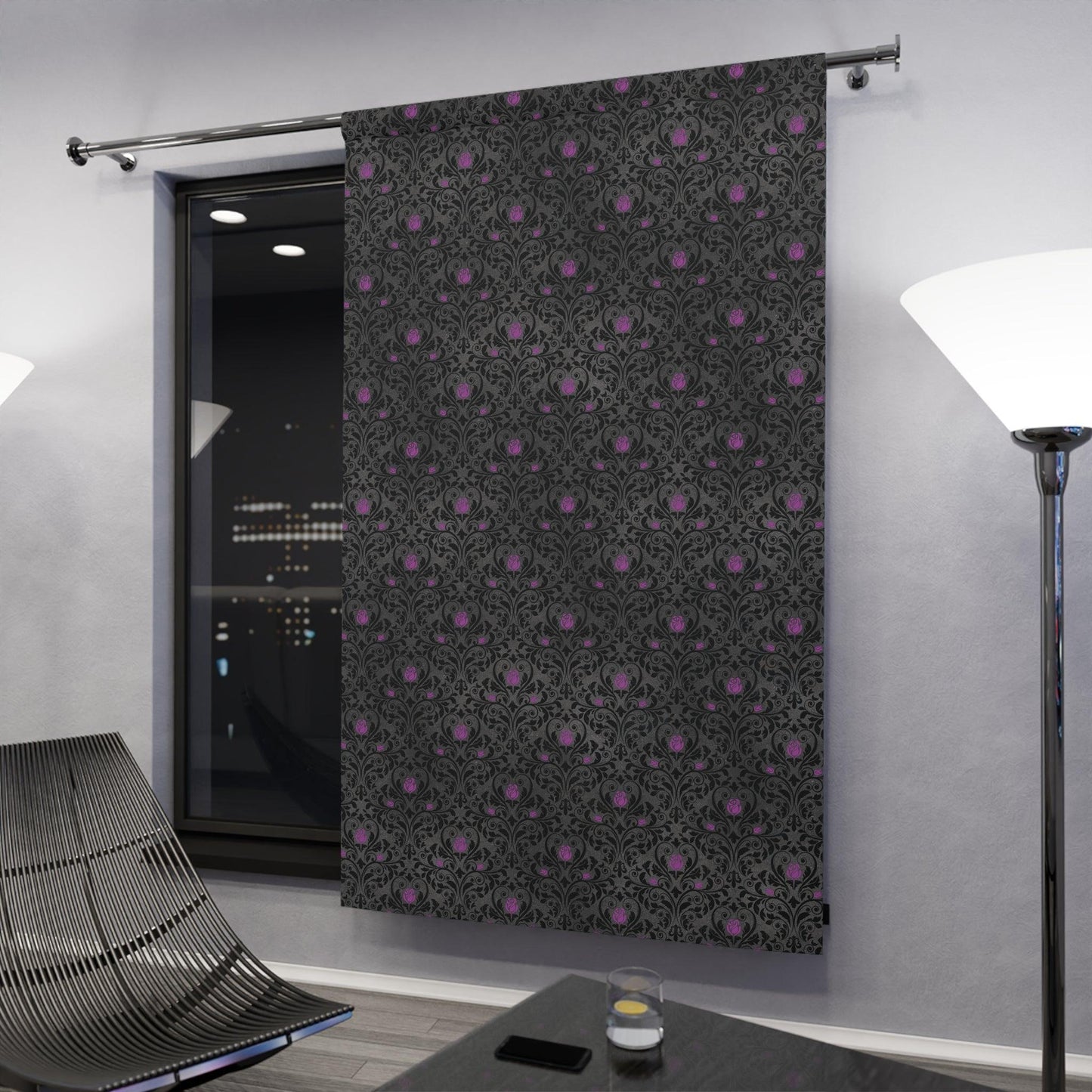 Victorian Goth Damask Purple and Black, Dark Academia Window Curtain | lovevisionkarma.com