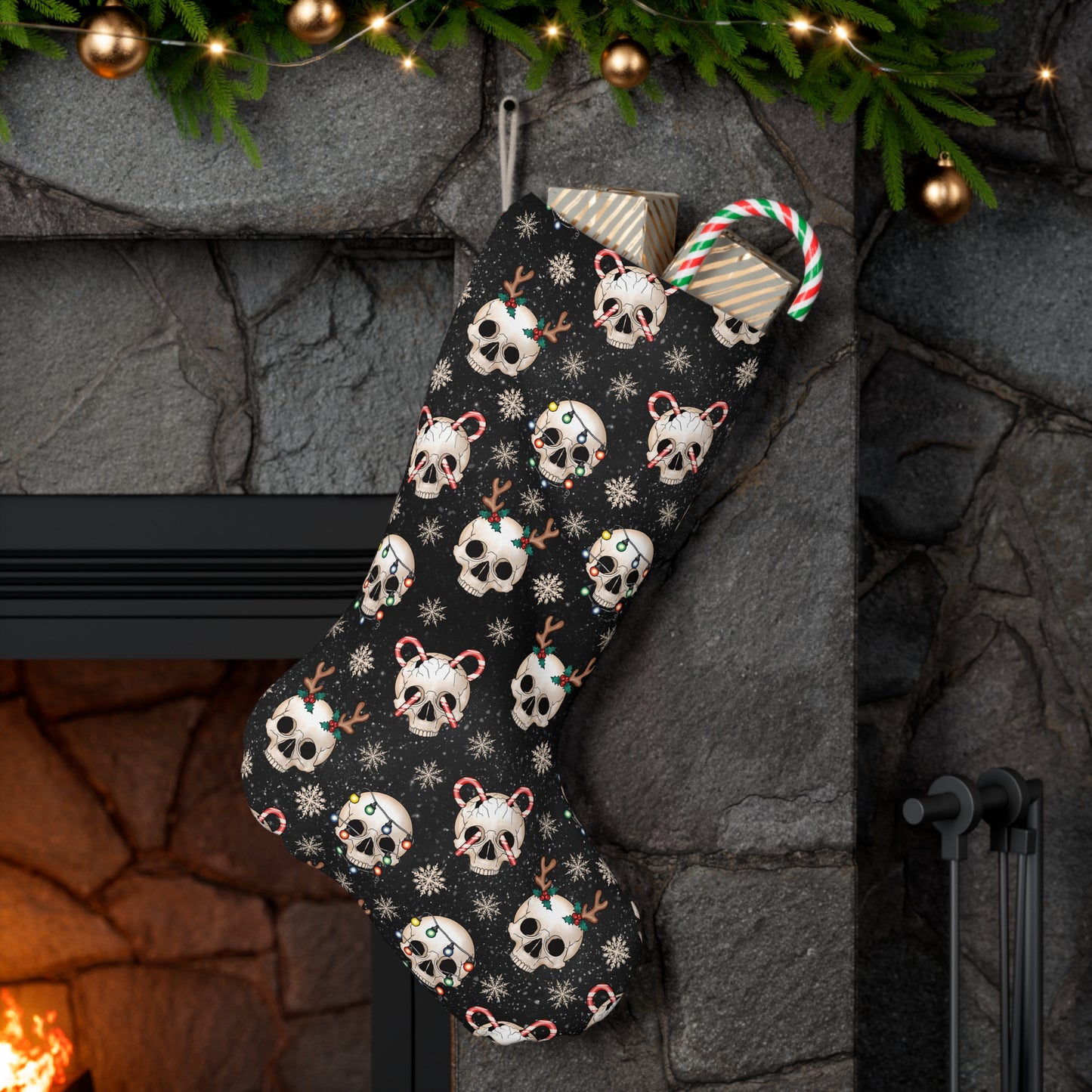 Goth Christmas Skulls, Kitschy Festive Creepmas Black Holiday Stocking