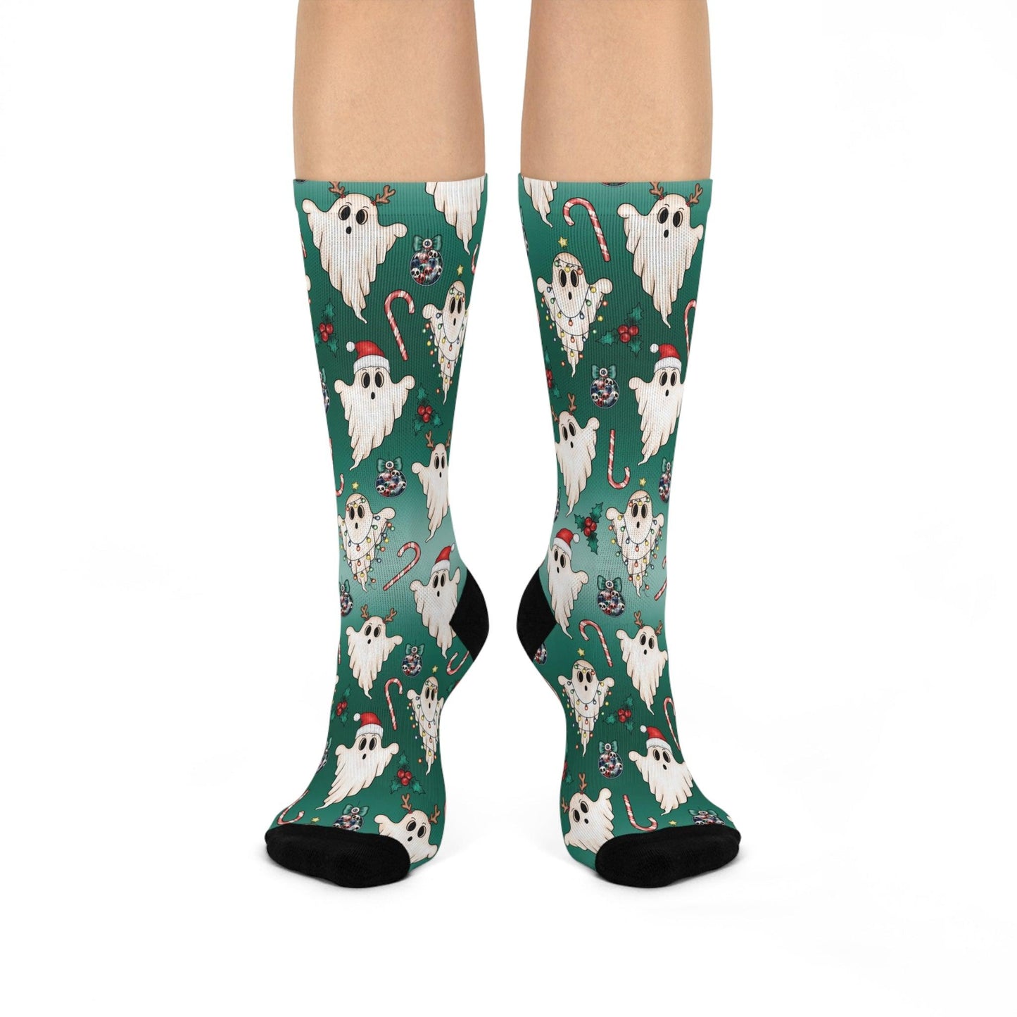 Cute Christmas Ghost Whimsigoth Green Gothmas Cushioned Crew Socks | lovevisionkarma.com