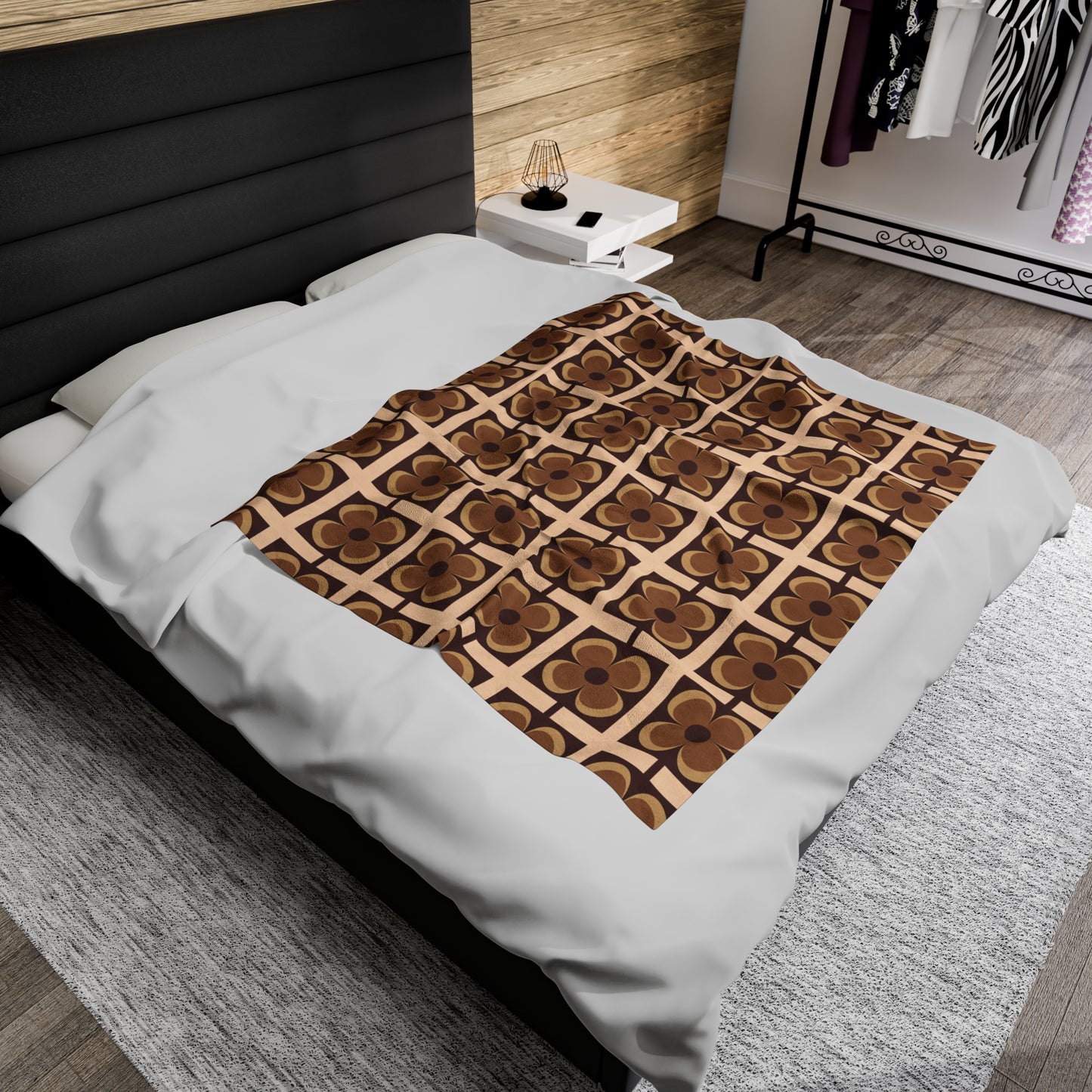 Retro 60s 70s Flowers Geometric Mid Century Modern Brown Velveteen Lightweight Blanket