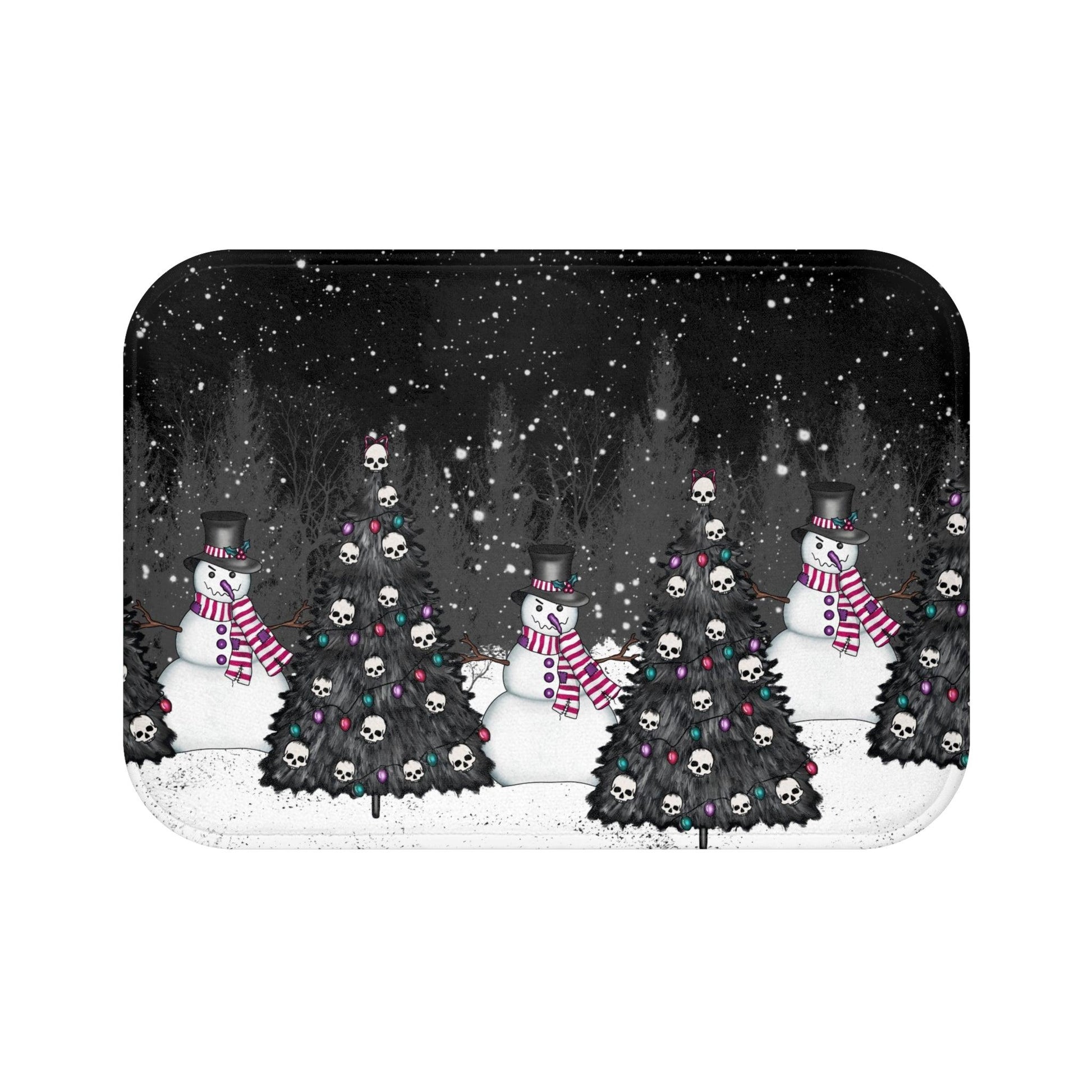 Creepy Snowmen Goth Christmas Tree Farm, Black Holiday Bath Mat | lovevisionkarma.com