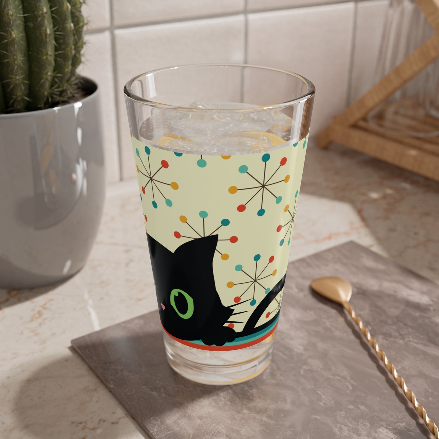 Retro 50s Atomic Black Cat and Starbursts Mid Century Mod Multicolor Pint Glass