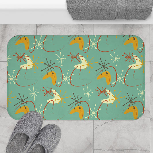 Retro 50's Atomic Burst and Boomerang Mid Century Teal & Mustard Bath Mat